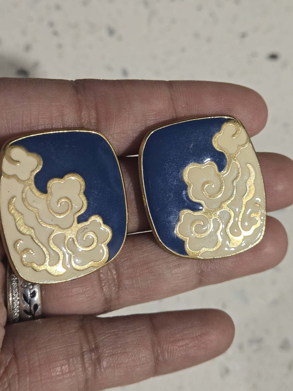 Vintage Blue and Cream Goldtone Enamel Statement Earrings - Picture 4 of 5